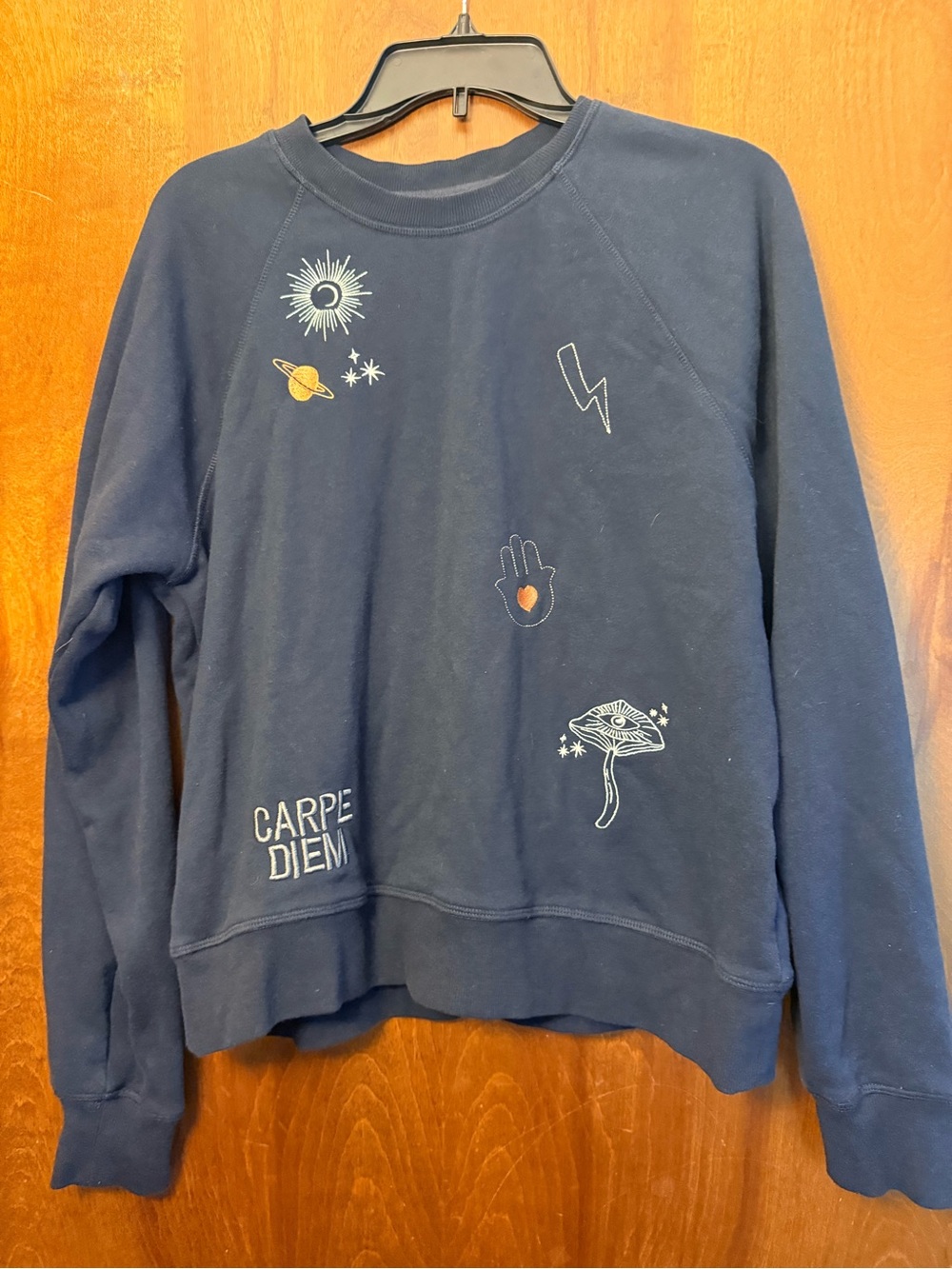 Spiritual Gangster Navy Crewneck Sweatshirt with Celestial Embroidery